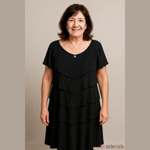 Coldwater Creek Women's Black Tiered Dress Plus Size 14 Gold Brooch